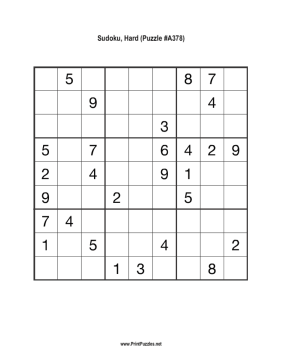 Sudoku - Hard A378 Printable Puzzle