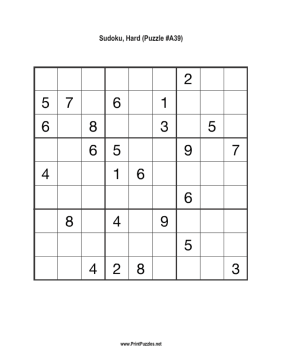 Sudoku - Hard A39 Printable Puzzle