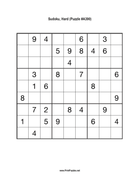 Sudoku - Hard A390 Printable Puzzle