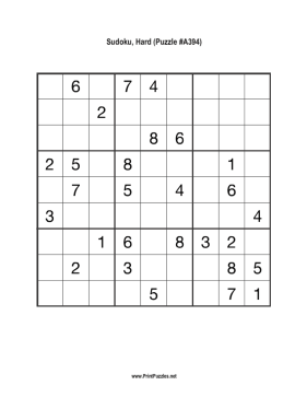 Sudoku - Hard A394 Printable Puzzle