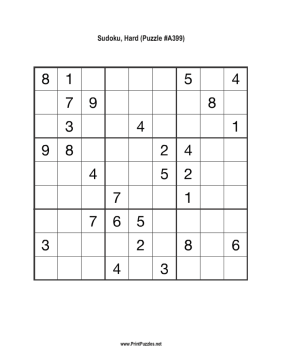 Sudoku - Hard A399 Printable Puzzle