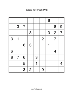 Sudoku - Hard A40 Printable Puzzle