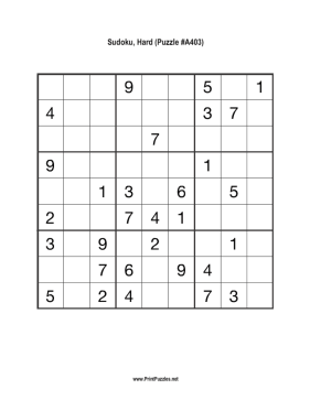 Sudoku - Hard A403 Printable Puzzle