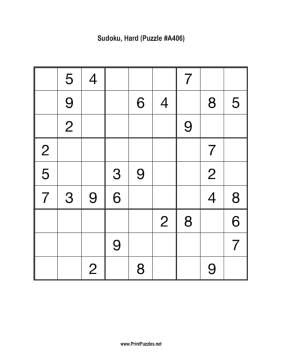 Sudoku - Hard A406 Printable Puzzle