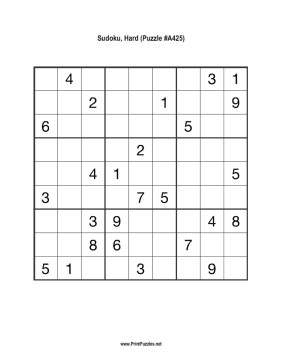 Sudoku - Hard A425 Printable Puzzle