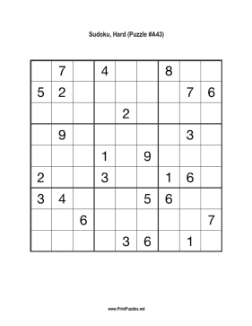 Sudoku - Hard A43 Printable Puzzle