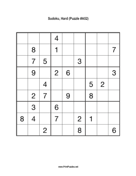 Sudoku - Hard A52 Printable Puzzle
