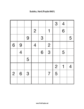 Sudoku - Hard A61 Printable Puzzle