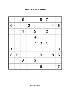 Sudoku - Hard A64 Printable Puzzle