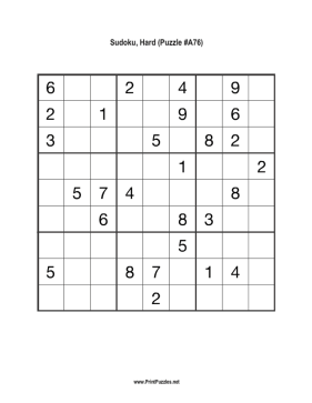 Sudoku - Hard A76 Printable Puzzle