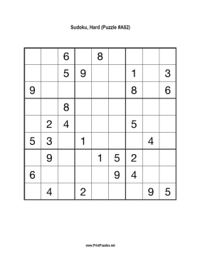 Sudoku - Hard A82 Printable Puzzle