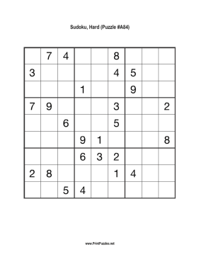 Sudoku - Hard A84 Printable Puzzle