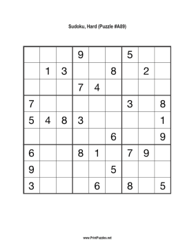 Sudoku - Hard A89 Printable Puzzle