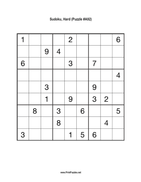 Sudoku - Hard A92 Printable Puzzle