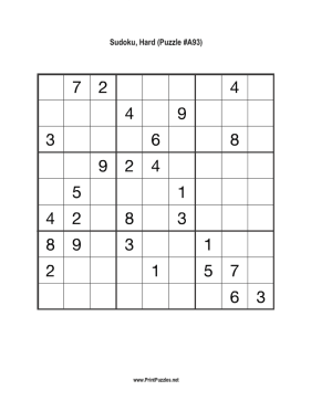 Sudoku - Hard A93 Printable Puzzle
