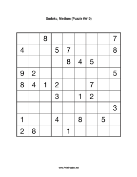 Sudoku - Medium A10 Printable Puzzle
