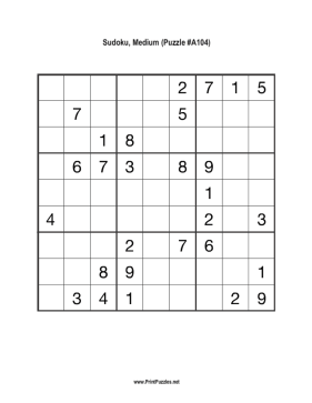 Sudoku - Medium A104 Printable Puzzle