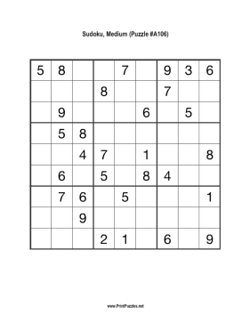 Sudoku - Medium A106 Printable Puzzle