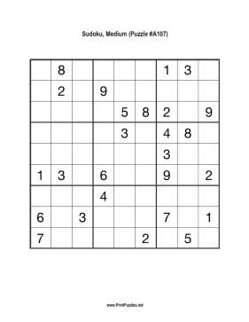 Sudoku - Medium A107 Printable Puzzle