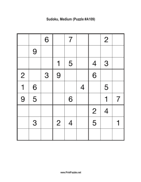 Sudoku - Medium A109 Printable Puzzle