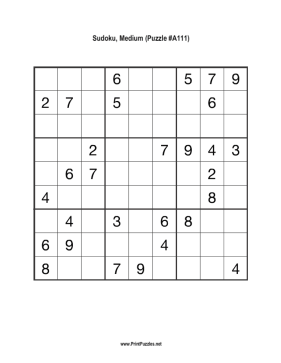 Sudoku - Medium A111 Printable Puzzle