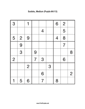 Sudoku - Medium A113 Printable Puzzle