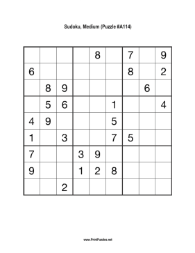Sudoku - Medium A114 Printable Puzzle