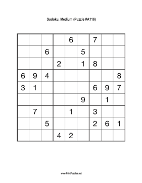 Sudoku - Medium A116 Printable Puzzle
