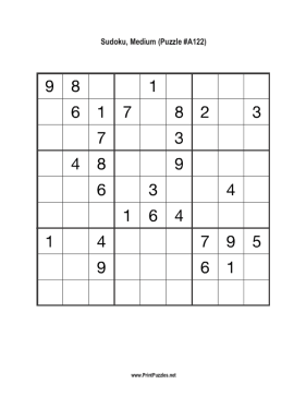 Sudoku - Medium A122 Printable Puzzle