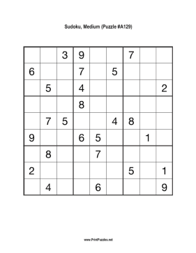 Sudoku - Medium A129 Printable Puzzle