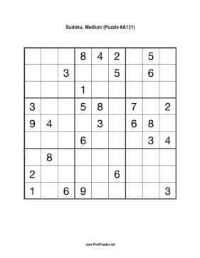 Sudoku - Medium A131 Printable Puzzle