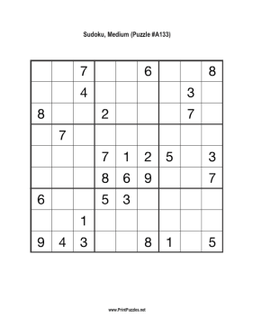 Sudoku - Medium A133 Printable Puzzle