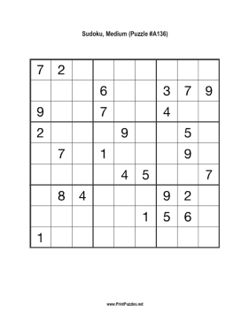 Sudoku - Medium A136 Printable Puzzle