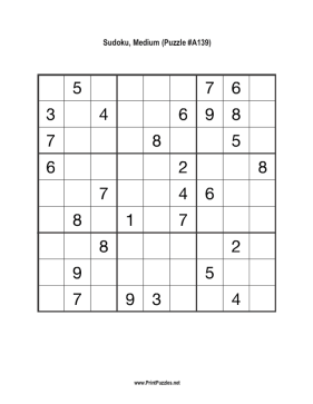 Sudoku - Medium A139 Printable Puzzle
