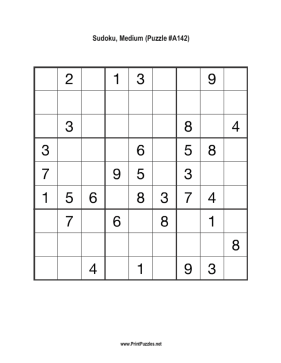 Sudoku - Medium A142 Printable Puzzle