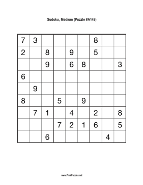 Sudoku - Medium A149 Printable Puzzle
