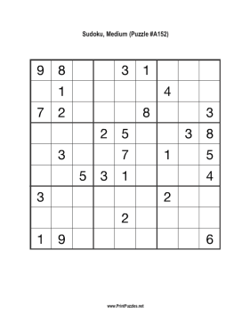 Sudoku - Medium A152 Printable Puzzle