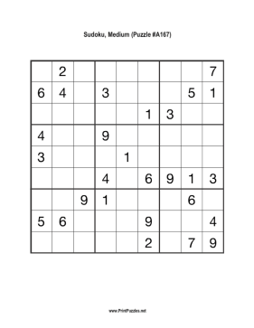 Sudoku - Medium A167 Printable Puzzle
