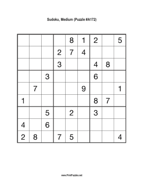 Sudoku - Medium A172 Printable Puzzle