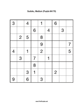 Sudoku - Medium A178 Printable Puzzle