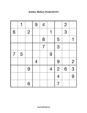 Sudoku - Medium A181 Printable Puzzle