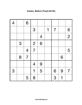 Sudoku - Medium A182 Printable Puzzle