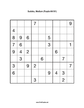 Sudoku - Medium A191 Printable Puzzle