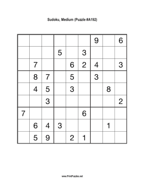 Sudoku - Medium A192 Printable Puzzle