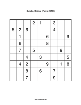 Sudoku - Medium A193 Printable Puzzle