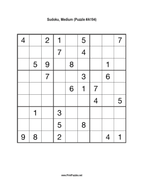 Sudoku - Medium A194 Printable Puzzle