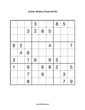 Sudoku - Medium A195 Printable Puzzle