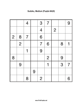 Sudoku - Medium A20 Printable Puzzle