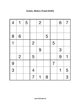 Sudoku - Medium A205 Printable Puzzle