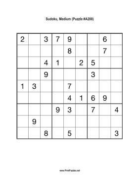 Sudoku - Medium A208 Printable Puzzle